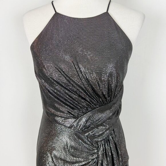 Y2K Vintage Adrianna Papell Shimmer Mini Dress Size 6 Metallic Shimmer Silver Wo - Picture 3 of 5